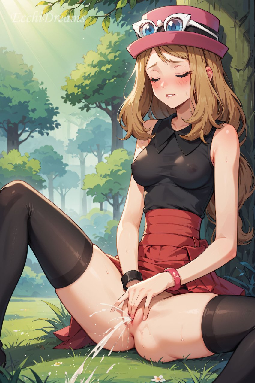 1girls ai_generated biting_lip biting_own_lip black_legwear black_shirt black_thighhighs blonde_hair blue_eyes blush blush closed_eyes collarbone collared_shirt covered_nipples ecchidreams ejaculation eyewear fingering foot_fetish footwear hat hi_res legwear long_hair masturbating masturbation orgasm pink_hat pleated_skirt pokemon pokemon_xy red_skirt serena_(pokemon) shirt skirt sleeveless squirt squirting stable_diffusion swept_bangs thighhighs tied_hair