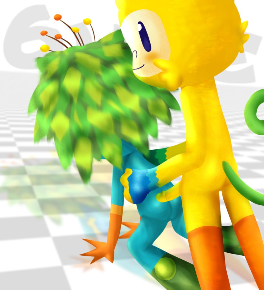 2016_rio_olympics 2boys 3d_background 6une ambiguous_gender ambiguous_species anthro anthro_on_anthro back_view background crouching idk_what_to_tag_it mascot mascots olympics request rio_2016_olympics side tom_(mascot) vinicius_(mascot) watermark