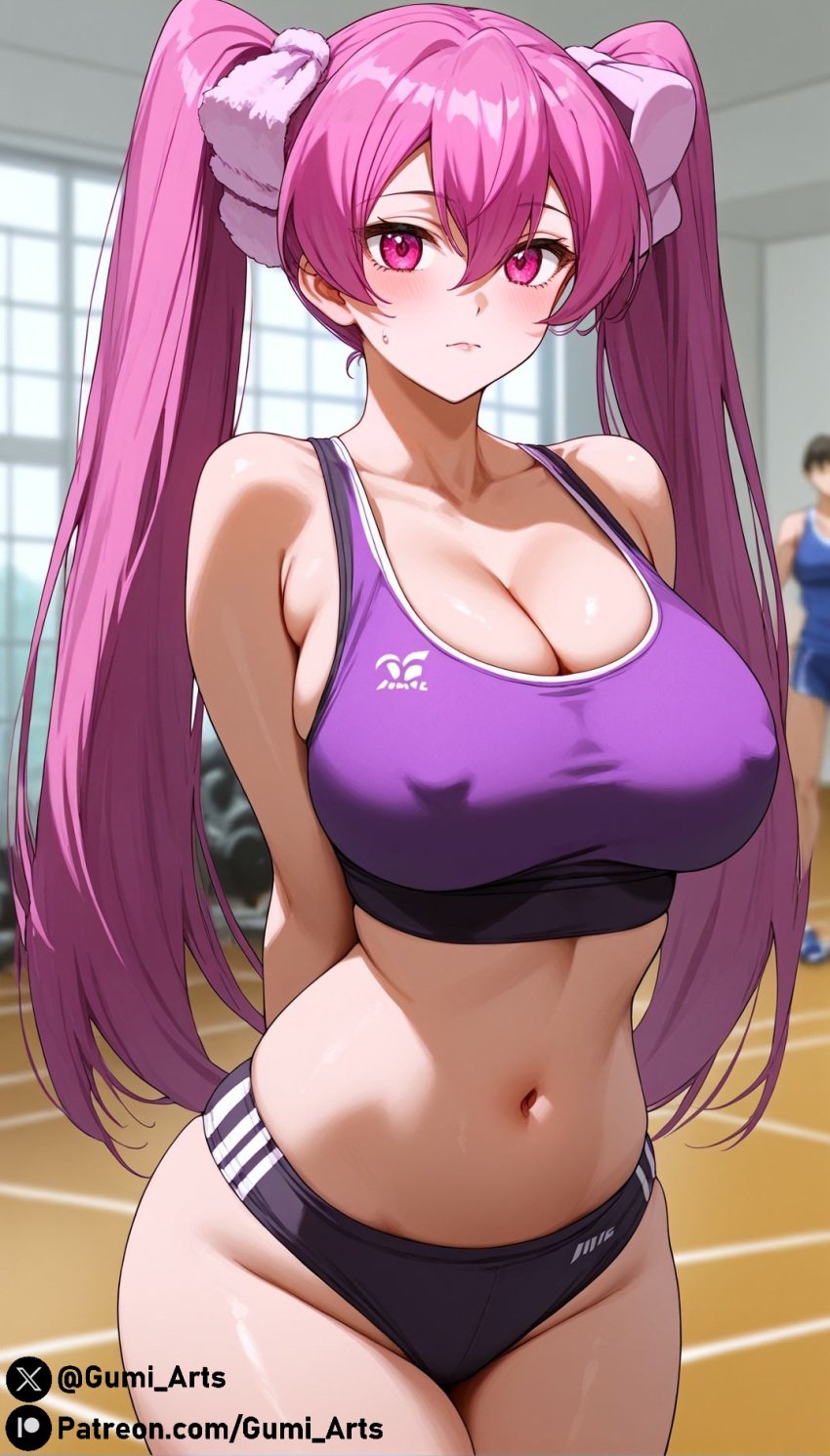 1girls ai_generated akame_ga_kill! alternate_breast_size arms_behind_back blush cleavage covered_nipples female female_only gumi_arts gym_uniform hair_ornament indoors large_breasts long_hair looking_at_viewer mine_(akame_ga_kill!) navel pink_eyes pink_hair solo sports_bra sportswear stable_diffusion thick_thighs twintails