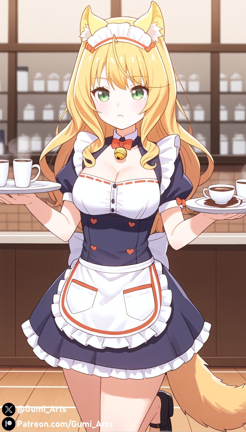 ai_generated blonde_hair cat_ears cat_girl cat_tail cleavage green_eyes gumi_arts holding_plate indoors maple_(nekopara) medium_breasts nekopara stable_diffusion standing waitress_uniform