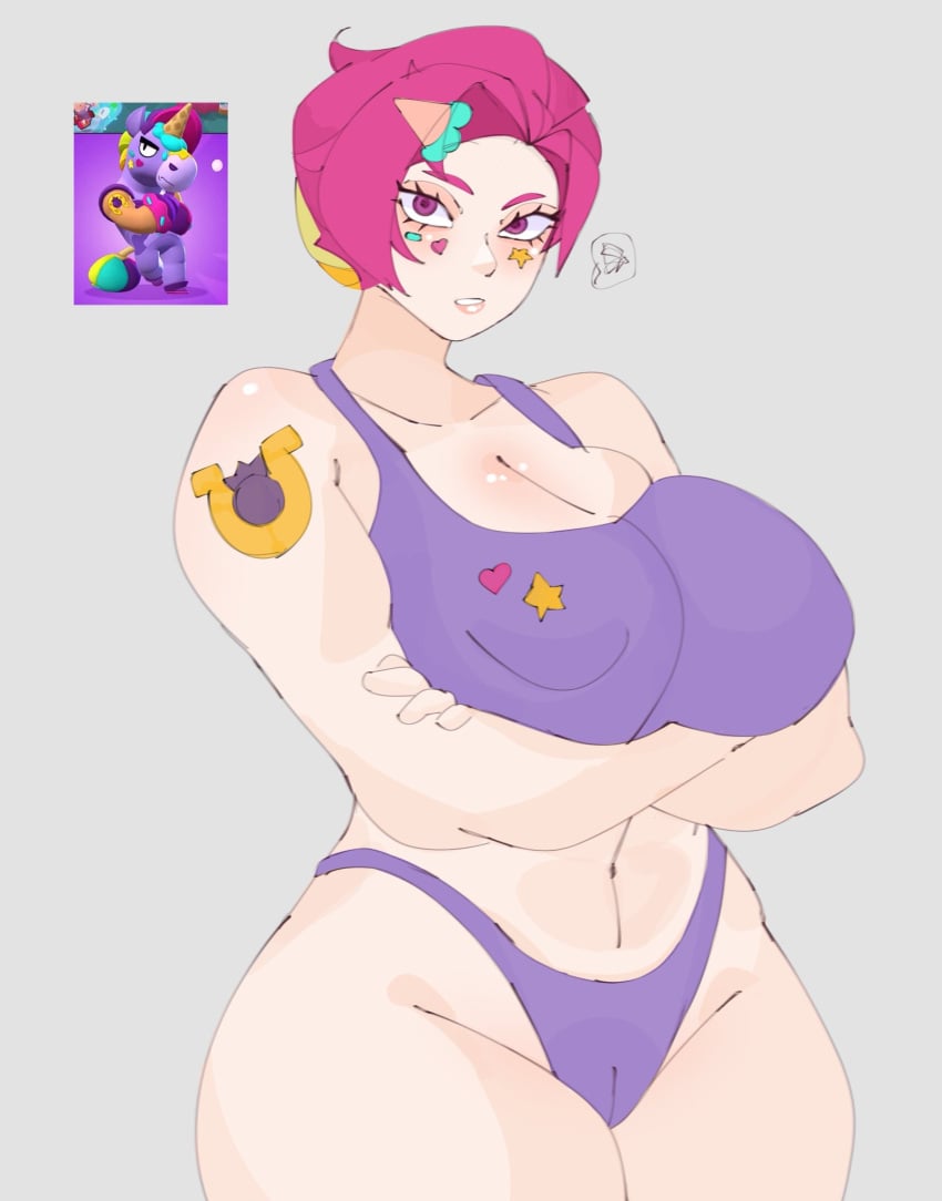 1girls 2d 2d_(artwork) berry_(brawl_stars) big_breasts blush brawl_stars female female_only fuchsia_eyes fuchsia_hair genderswap_(mtf) izutsumihr light-skinned_female light_skin noboko_k partially_clothed pink_eyes pink_hair purple_bra purple_clothing purple_panties pussy rule_63 supercell tagme tattoo tattoos