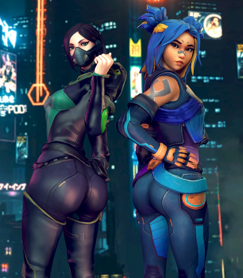 2girls 3d 3d_(artwork) aerozepp88 ass ass_focus black_hair blue_hair brown_eyes dat_ass green_eyes huge_ass large_ass light-skinned_female looking_at_viewer looking_back mask medium_breasts neon_(valorant) nice_ass riot_games standing valorant very_high_resolution viper_(valorant)