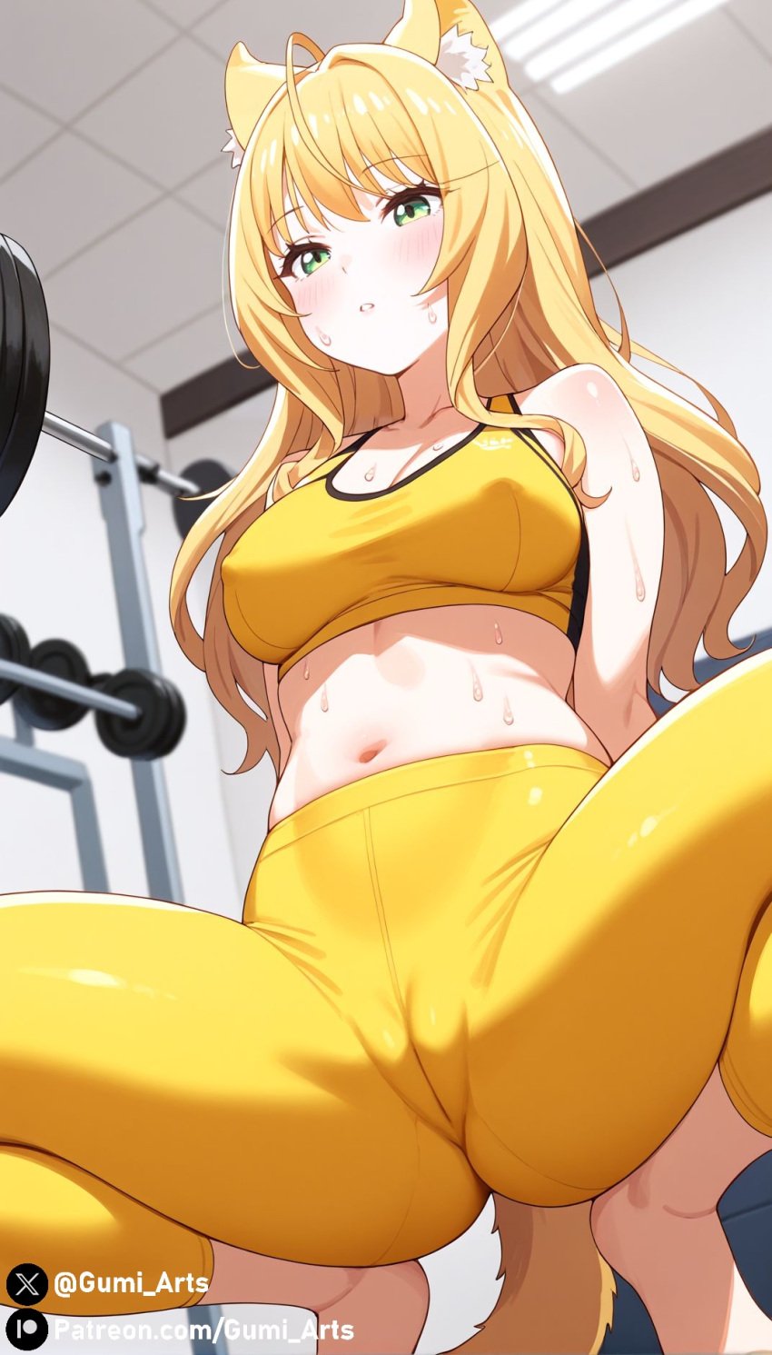 ai_generated cat_ears cat_girl cat_tail covered_nipples covered_pussy green_eyes gumi_arts gym gym_uniform indoors leggings legs_apart maple_(nekopara) medium_breasts nekopara sports_bra sportswear squatting stable_diffusion sweat