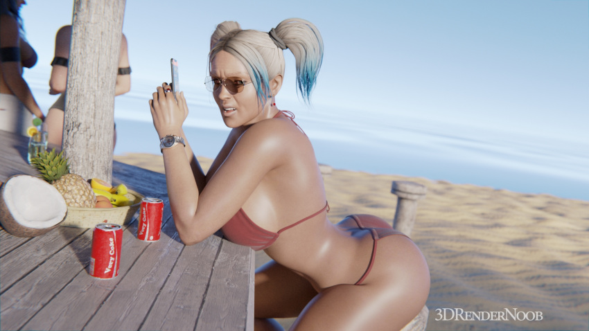 3d 3drendernoob 3girls background_characters batman_(series) beach big_ass big_breasts bikini blender_(software) blender_cycles cellphone dc dc_comics female female_only harley_quinn harley_quinn_(injustice) injustice_2 sideboob solo_focus sunglasses swimsuit tanned tanned_skin tinted_eyewear