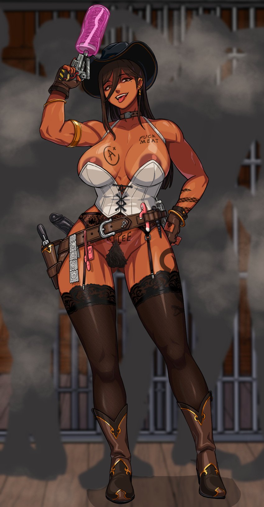 abs biceps big_breasts breasts busty cell cowboy_hat cowgirl f.b.w female female_focus female_only fuckmeat(kingbang) full_body hat hourglass_figure makeup muscle_tone muscles prison_cell tagme tan tan_body tan_skin toned toned_female wide_hips