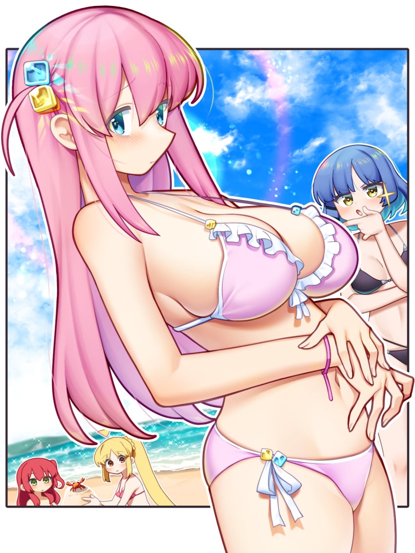 4girls :o ahoge antenna_hair armpits bare_armpits bare_arms bare_belly bare_calves bare_chest bare_hands bare_hips bare_knees bare_legs bare_midriff bare_navel bare_shoulders bare_skin bare_thighs bare_torso beach belly belly_button bikini bikini_bottom bikini_only bikini_top black_bikini black_bikini_bottom black_bikini_only black_bikini_top black_string_bikini black_swimsuit black_swimwear blonde_female blonde_hair blonde_hair_female blue_eyebrows blue_eyes blue_eyes_female blue_hair blue_hair_female blue_sky blush blush_lines blushing_at_viewer blushing_female bocchi_the_rock! breasts cleavage clouds coast crab curvy curvy_body curvy_female curvy_figure curvy_hips curvy_thighs day daylight daytime dot_nose elbows embarrassed embarrassed_female exposed exposed_armpits exposed_arms exposed_belly exposed_legs exposed_midriff exposed_shoulders exposed_thighs exposed_torso eyebrows_visible_through_hair female female_focus female_only fingernails fingers frilled_bikini frilled_bikini_top gotou_hitori green_eyes green_eyes_female groin hair_ornament half_naked hand_on_belly hand_on_face hand_on_own_belly hand_on_own_face hand_on_own_stomach hand_on_stomach high_resolution high_school_student highres knees large_breasts legs legs_together light-skinned_female light_skin long_hair looking_at_viewer medium_breasts multiple_females multiple_girls navel nervous nervous_expression nervous_face nervous_female ocean open_mouth orange_eyes orange_eyes_female outdoor outdoors outside pink_bikini pink_bikini_bottom pink_bikini_top pink_hair pink_hair_female pink_string_bikini pink_swimsuit pink_swimwear pixiv_id_88055885 ponytail pussy red_bikini red_bikini_top red_hair red_hair_female red_string_bikini red_swimsuit red_swimwear sand sand_castle school_girl school_girls sea seaside shoulders shy shy_expression side-tie_bikini side_ponytail sideboob sky slender_body slender_waist slim_girl slim_waist standing string_bikini swimsuit swimwear teen_girl teenage_girl teenage_girls teenager thick_thighs thighs thin_waist underboob upper_body v-line もつ