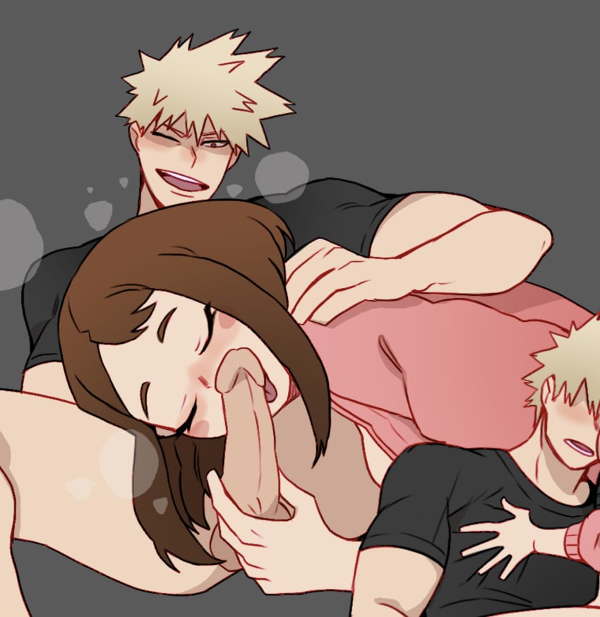 1boy 1girls bakugou_katsuki boku_no_hero_academia erect_penis female giving_head holding_penis katsuki_bakugou licking_penis male male/female my_hero_academia ochako_uraraka oral spiky_hair straight superevey uraraka_ochako