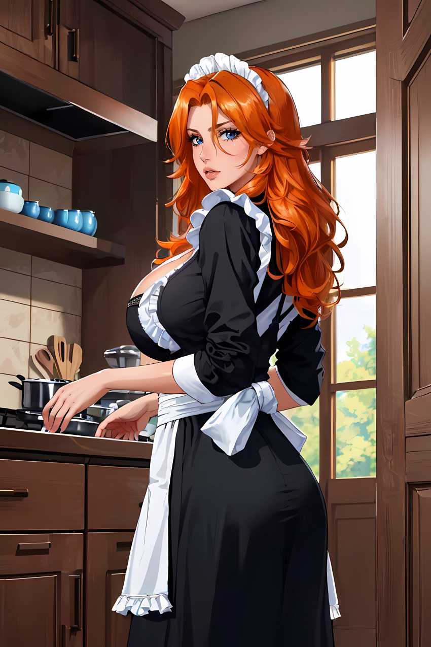 1girls ai_generated bleach blue_eyes boobs breast breasts cleavage curvaceous curvaceous_body curves curvy curvy_body curvy_female curvy_figure curvy_milf exposed_breast exposed_breasts female female_only ginger_hair hourglass_figure isaris-ai light-skinned_female light_skin maid maid_headdress maid_outfit maid_uniform matsumoto_rangiku milf orange_hair red_hair sideboob solo solo_female voluptuous voluptuous_female