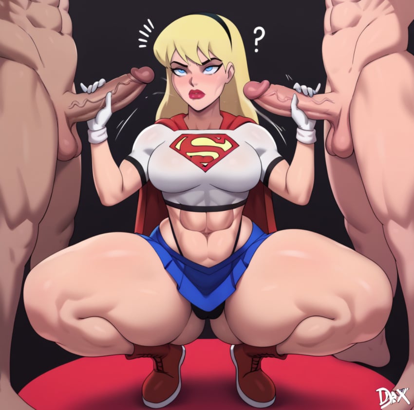 2boys abs ai_generated aquaman big_ass blonde_hair blue_eyes cape chris_kent city dc dc_comics g-string jon-al justice_league_unlimited kaldur'ahm kara_danvers kara_zor-el large_breasts lipstick lustylewdz red_shoes skirt squatting stroking_penis supergirl superheroine superprime_(dc) veiny_penis w1girls walking white_skin young_justice_unlimited