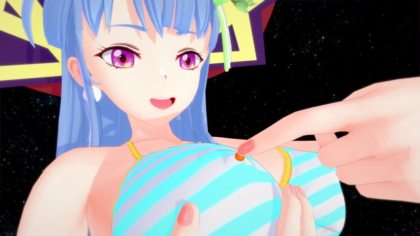 anonymous_artist bernoulli big_breasts bigger_than_earth bikini blue_hair commissioner_upload crash_fever destruction giantess giga_giantess in_space koikatsu light-skinned_female light_skin pink_eyes request sun tagme