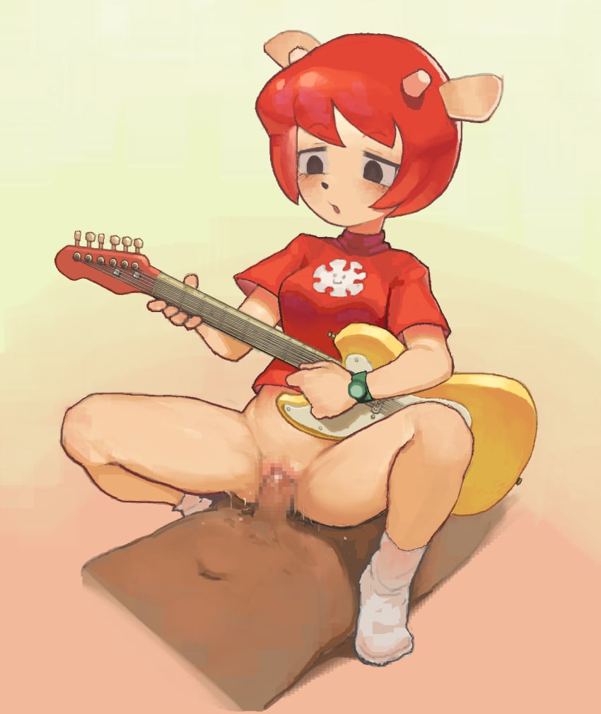 1boy animal_ears animal_nose ankle_socks anklehighs black_eyes blush bottomless breasts censored censored_penis censored_pussy censorship cowgirl cowgirl_position female gradient_background green_background guitar highres holding holding_guitar holding_instrument horns instrument kinshi76 lammy_(um_jammer_lammy) lammy_lamb mosaic_censoring no_shoes open_mouth parappa_the_rapper parappa_the_rapper_2 playing_guitar print_shirt red_hair red_shirt sex sheep_ears sheep_girl shirt short_hair short_sleeves small_breasts socks straddling straight um_jammer_lammy vaginal_penetration watch white_horns white_socks wristwatch