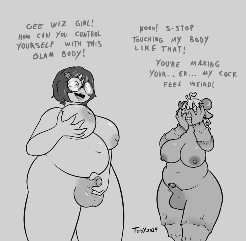 2futas bbw big_balls big_breasts bodyswap braces chubby_belly chubby_futanari dark_hair darkened_genitalia dialogue earrings erect_penis fondling_breast fully_nude furry futa_only glasses glasses_shine hair_pin human human_on_anthro humanoid_penis light_hair medium_penis nerdy_futa original_characters ram_horns sheep_ears sheep_girl smiling toby_art touching_penis wide_hips