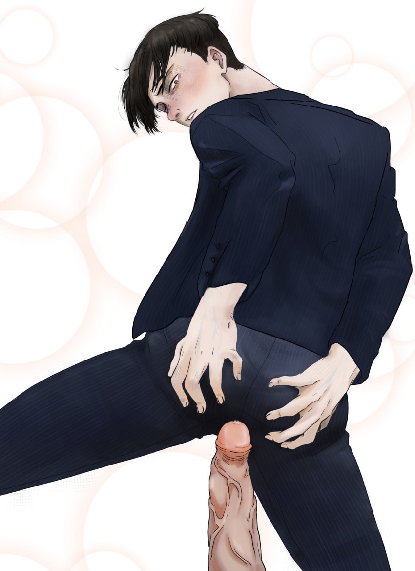 2202_chan attack_on_titan background big_penis black_hair blue_suit blush brown_eyes clothed erect_penis erection gay gay_sex levi_ackerman male male_only penis spread_ass spread_butt spreading suit veiny_penis yaoi