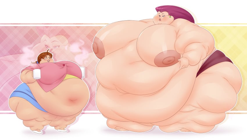 2girls bbw breasts delia_ketchum_(pokemon) fat fat_woman female jessie_(pokemon) mature_female milf morbidly_obese morbidly_obese_female mother nipples obese obese_female overweight overweight_female pokemon ssbbw tututumy