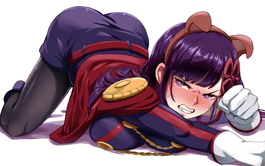 angry angry_expression anti-demon_corps_uniform ass bent_over dog_ears fake_animal_ears gloves hair_ornament large_breasts long_hair mato_seihei_no_slave purple_eyes purple_hair yamada_otonari yamashiro_ren