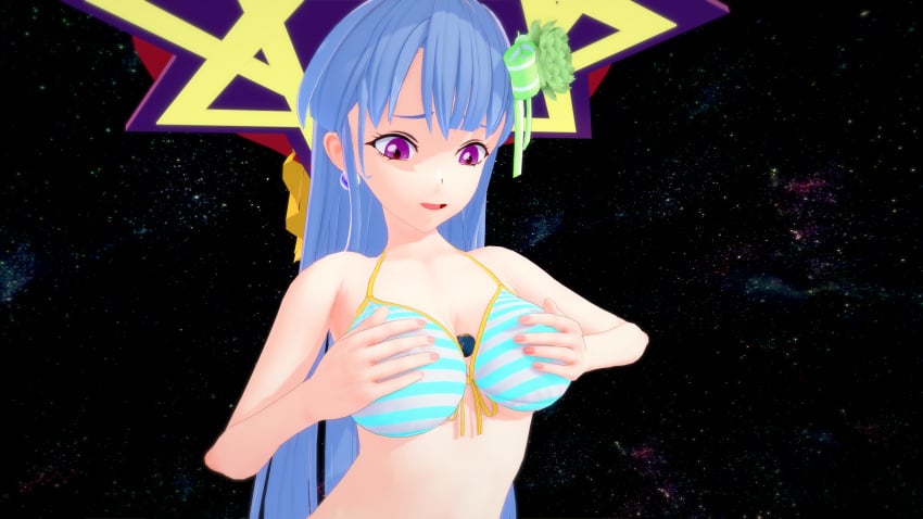 anonymous_artist bernoulli big_breasts bigger_than_earth bikini blue_hair breast_crush commissioner_upload crash_fever destruction earth giantess giga_giantess in_space koikatsu light-skinned_female light_skin pink_eyes request tagme