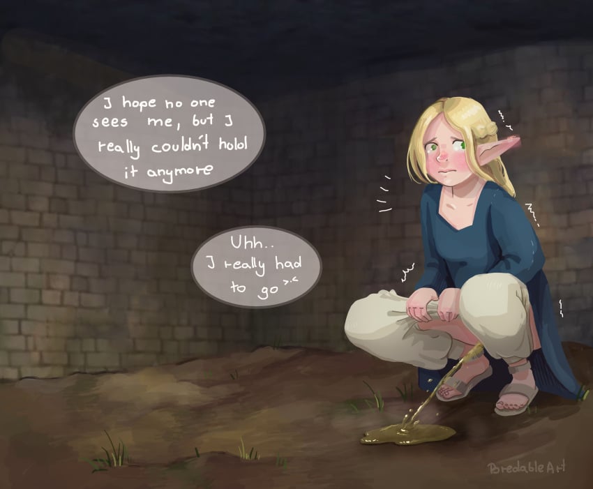 1girls bladder blonde_hair delicious_in_dungeon dungeon dungeon_meshi elf_ears female female_only green_eyes hiding marcille_donato omorashi pee_holding peeing peeing_on_floor peeing_outside pissing_on_floor solo squatting urinating urinating_female urination urine urine_stream