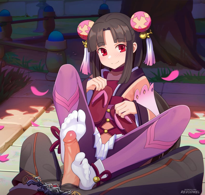 1boy 1girls blush brown_hair cherry_blossoms commission erection feet foot_fetish footjob hair_ornament japanese_clothes kimono leggings light-skinned_female light-skinned_male light_skin mice_(rune_factory) pants penis red_eyes rezodwel rune_factory rune_factory_3 sakuya_(rune_factory) sandals socks tabi tree