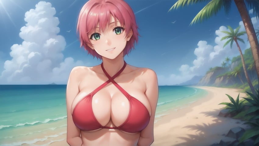 ai_generated beach big_breasts bikini iihara_nao large_breasts lxlbanner pink_hair resort_boin short_hair