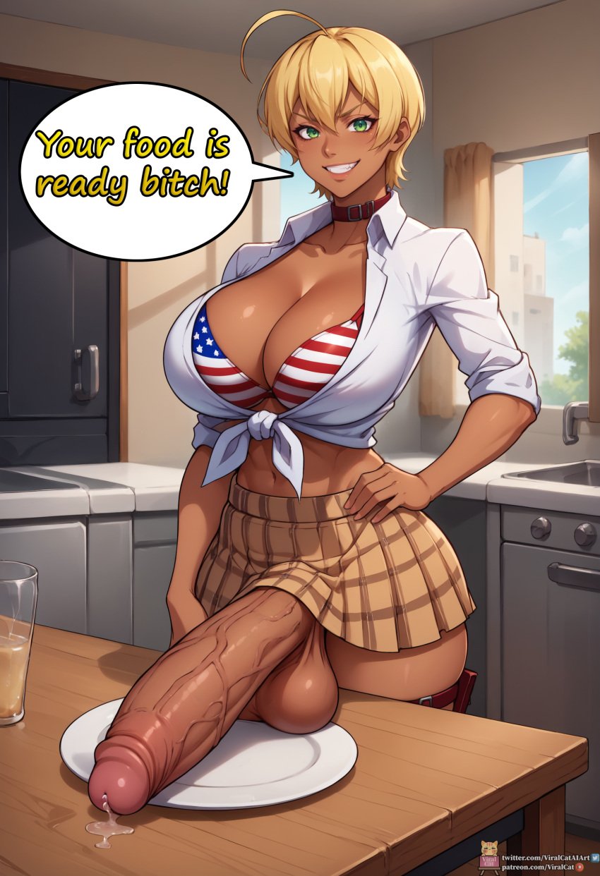 1futa 2024 abs aged_up ai_generated american_flag american_flag_bikini athletic_futanari balls big_breasts blonde_hair bottomless_skirt breasts caption choker clothes_lift clothing dark-skinned_futanari dickgirl dominant english_text evil_smile futa_only futadom futanari green_eyes huge_breasts huge_cock indoors large_breasts large_penis long_penis looking_at_viewer makeup mature_futa mito_ikumi partially_clothed plate pleated_skirt precum precum_drip presenting presenting_penis school_uniform schoolgirl seductive_smile serving_food shokugeki_no_souma short_hair skirt solo solo_futa speech_bubble talking talking_to_viewer testicles text thick thick_penis thick_thighs thighs veiny_penis viralcat