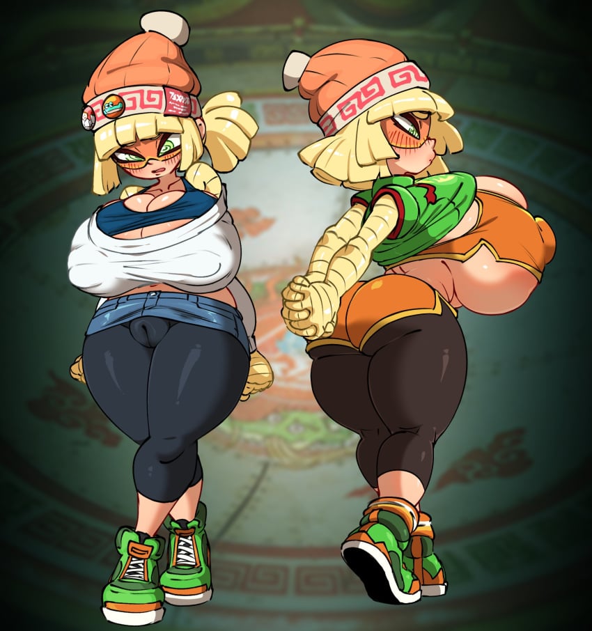 2d 2d_(artwork) arms_(game) ass ass_expansion bangs beanie blonde_hair blush breast_expansion breasts cleavage embarrassed female green_eyes huge_ass huge_breasts jellot looking_at_viewer looking_away looking_back mask min_min_(arms) navel nintendo nipple_bulge nipples no_bra pins ponytail puffy_pussy short_hair shorts sideboob sneakers socks sports_bra stretching sweat sweatdrop tank_top thighs tights yoga_pants