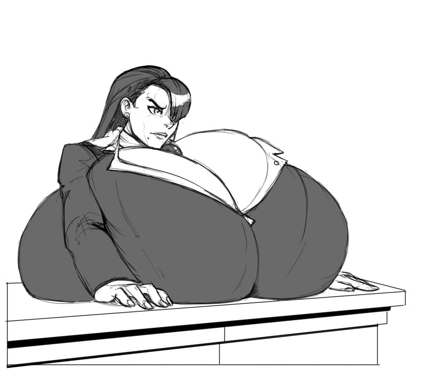 1girls boob_window breast_expansion breasts_bigger_than_head capcom casual_hyper cleavage clothed commission female female_only first-second gyakuten_saiban hyper hyper_breasts long_hair massive_breasts mia_fey monochrome public public_exposure revealing_clothes sequence