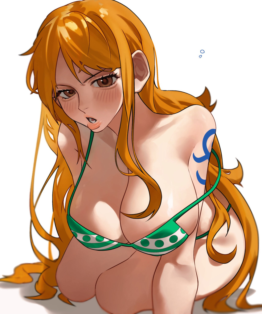 1girls bare_arms bare_legs bare_shoulders bare_thighs big_breasts bikini bikini_bottom bikini_top blush clothed clothing color female female_focus female_only hi_res large_breasts light-skinned_female light_skin looking_at_viewer nami nami_(one_piece) one_piece orange_eyes orange_hair post-timeskip shounen_jump siokosho_kinoko solo solo_female tagme tattoo thick_thighs