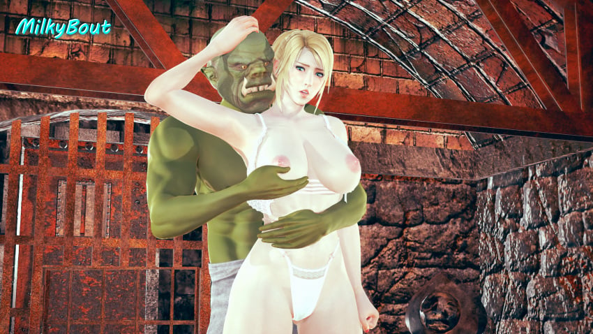 3d 3d_(artwork) areolae blonde_hair breast_grab breasts dead_or_alive dead_or_alive_5 female green_skin groping honey_select honey_select_2 human_female interspecies light-skinned_female light_skin male male/female milkybout nipples orc orc_male ponytail sarah_bryant sega virtua_fighter
