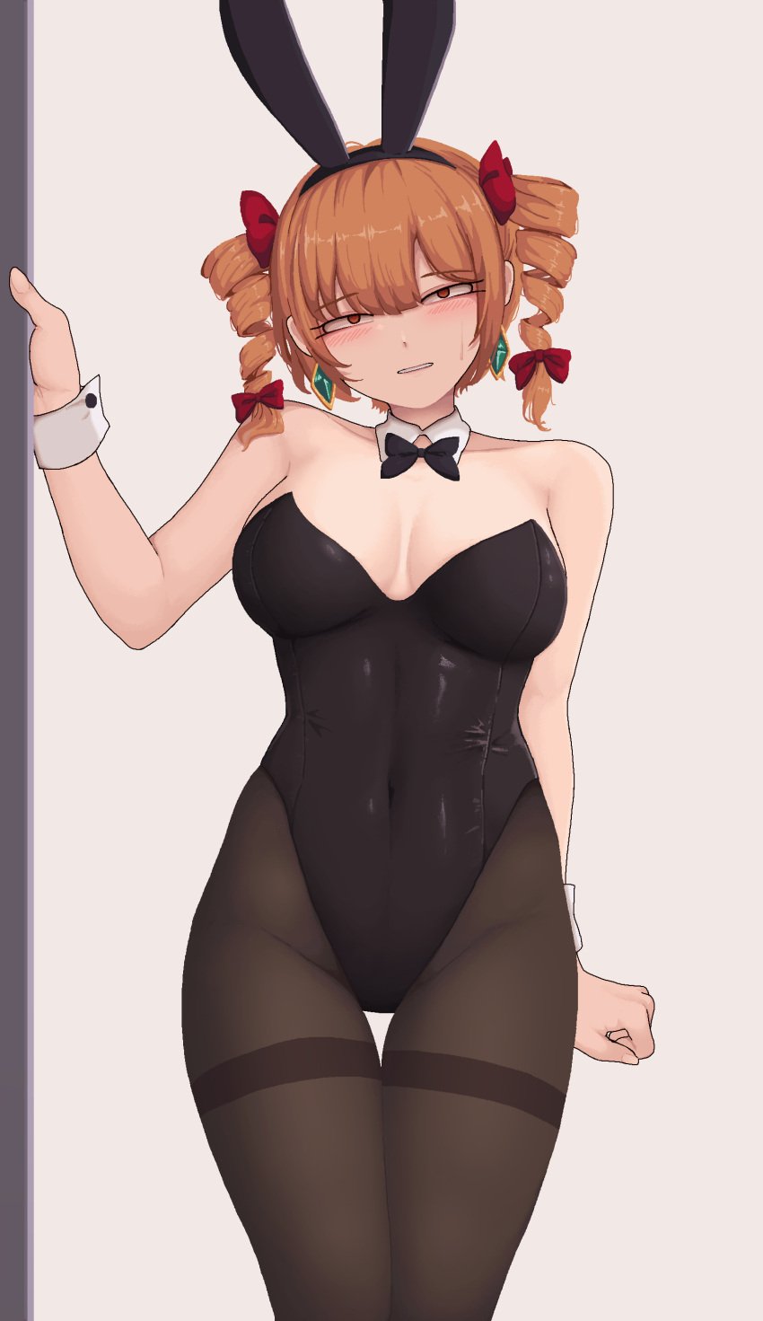 1girls 2d bare_shoulders belly belly_button blush bowtie bowtie_collar bunny_ears bunnysuit detached_collar detached_cuffs drill_hair embarrassed female ginger ginger_hair jo'on_yorigami leotard looking_at_viewer nervous orange_eyes pantyhose short_hair solo son_(artist) source standing sweatdrop touhou twin_drills wrist_cuffs