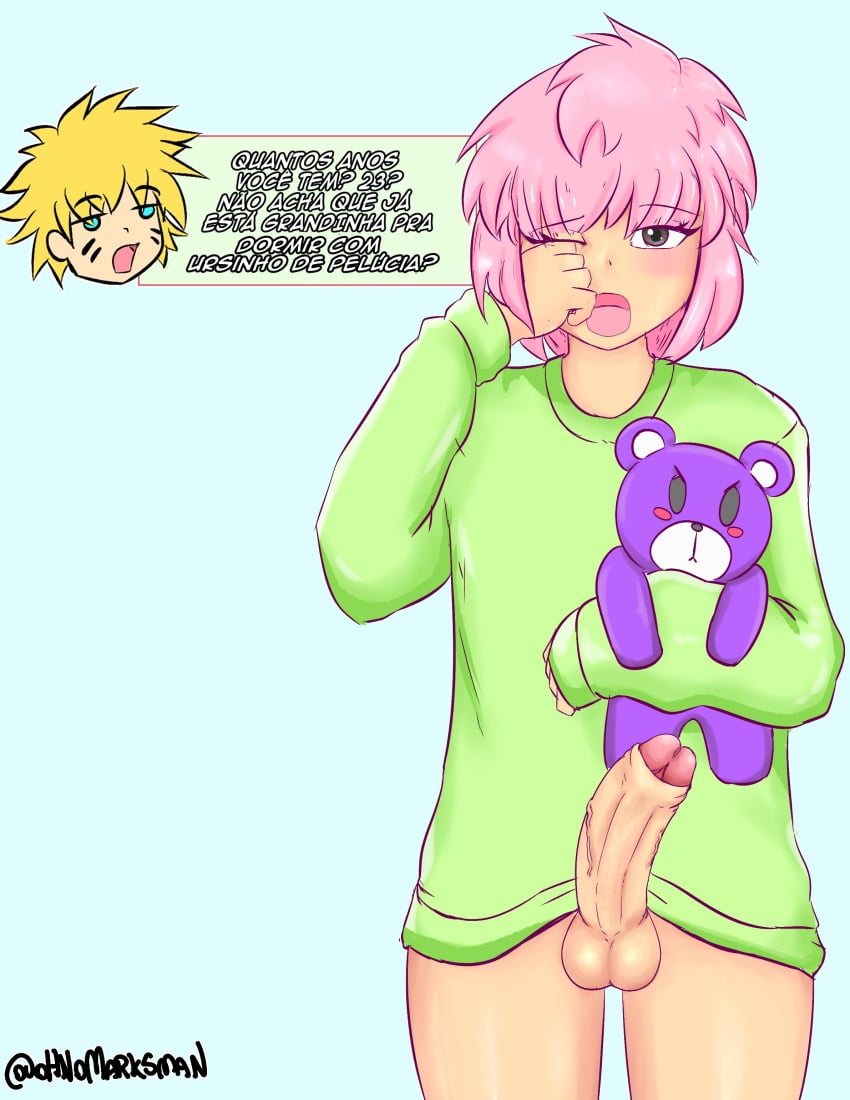 1futa balls blonde_hair bottomless clothed clothing dialogue erection flat_chest futa_only futanari human light-skinned_futanari light_skin meggie_(ohnomarksman) melissa_(ohnomarksman) morning_wood mostly_clothed ohnomarksman pajamas penis pink_hair plushie portuguese_text short_hair solo standing text translation_request waking_up