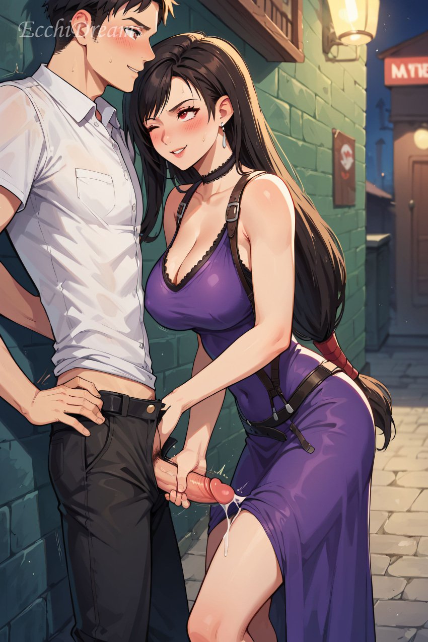 1boy 1boy1girl 1girls ai_generated bare_shoulders black_hair blush collar collarbone cum cum_drip cum_on_body cum_on_legs cum_on_thighs dress ecchidreams ejaculation final_fantasy final_fantasy_vii handjob hi_res jerking jerkingoff large_breasts light_smile long_hair male masturbating naughty_face patreon penis purple_dress sleeveless smile stable_diffusion sweat swept_bangs tifa_lockhart tifa_lockhart's_refined_dress