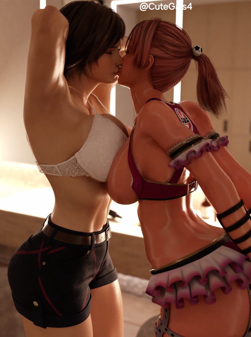 2girls 3d abs ass bra breast_press breasts breasts_out cutegals dead_or_alive female female_focus female_only honoka_(doa) kazama_asuka kissing large_breasts large_breasts_lesbian multiple_girls overflowing_breasts pink_hair tekken tekken_8 tomboy underwear yuri