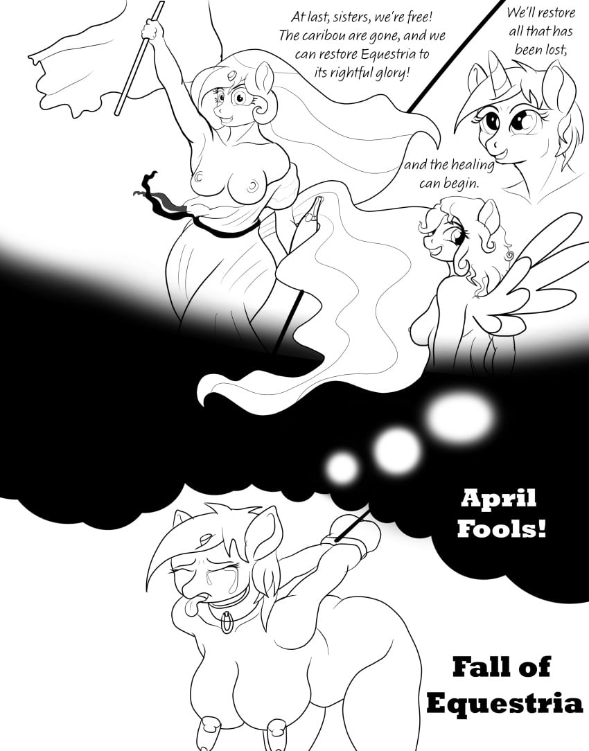 2015 anthro anthrofied april_fools areola bent_over big_breasts black_and_white bound breast_milking breasts clothing collar comic crying dialogue dream dress english_text equine fall_of_equestria female flag friendship_is_magic horn lactation mammal mitts monochrome my_little_pony nipples nude pegasus princess_celestia_(mlp) severed_horn slave tears text tongue tongue_out torn_clothing unicorn unknown_artist upset wings