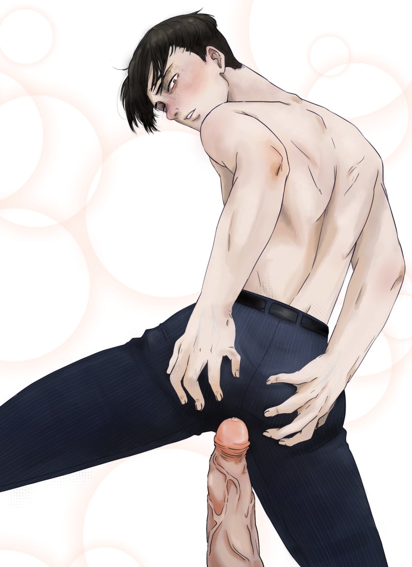 2202_chan attack_on_titan background big_penis black_hair blue_suit blush brown_eyes clothed erect_penis erection gay gay_sex levi_ackerman male male_only pants_only penis shirtless spread_ass spread_butt spreading suit veiny_penis yaoi