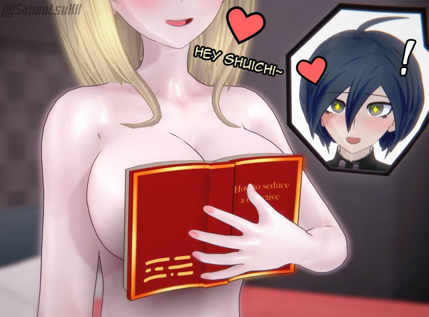 1boy 1girls 3d 3d_(artwork) akamatsu_kaede blonde_hair danganronpa danganronpa_v3 english english_dialogue english_text excited female heart heart_symbol koikatsu male meme no_sex nude_female ouch_meme saihara_shuuichi saimatsukk watermark