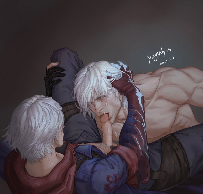 bara blue_eyes clothed clothed_male_nude_male cum_drip cum_on_face dante devil_may_cry devil_may_cry_4 dilf erect_penis erection facial_hair gay gay_sex handsome handsome_man incest male male/male muscular_bottom muscular_male nero_(devil_may_cry) older_male oral penis realistic small_dom_big_sub sucking_penis sucking_tip uncle_and_nephew yaoi younger_dom_older_sub younger_male