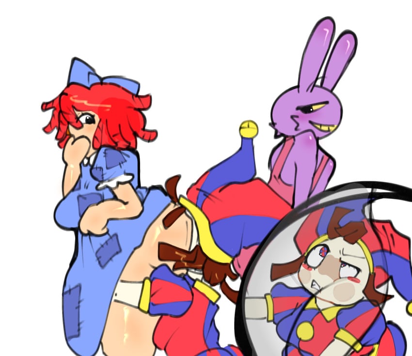 alternate_version_at_source anthro ass ass_up ass_visible_through_thighs blush breasts clothed clothing facesitting female hi_res humanoid irougaki jax_(the_amazing_digital_circus) jester jester_hat jester_outfit lagomorph leporid looking_at_another male mammal multiple_girls open_mouth pink_clothing pomni_(the_amazing_digital_circus) rabbit ragatha ragatha_(the_amazing_digital_circus) smiling taller_dom taller_female the_amazing_digital_circus trio