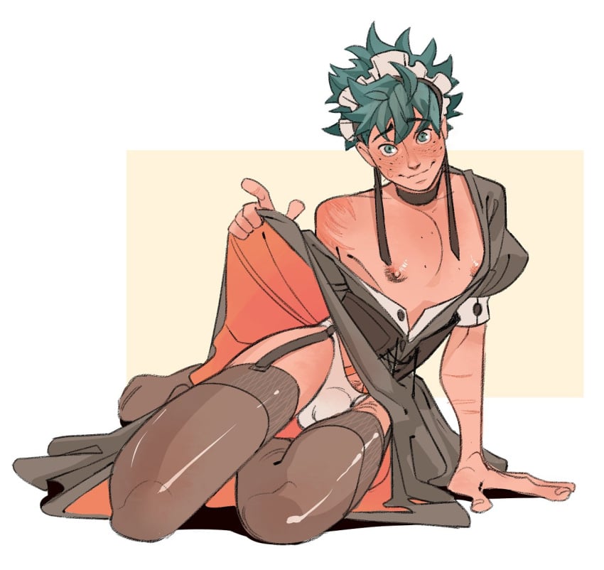 1boy bulge crossdressing crossdressing_male deku femboy feminine_male freckles garter_straps green_eyes green_hair izuku_midoriya la_bordeliere lifting_skirt maid_headdress maid_outfit maid_uniform male male_focus male_maid male_only midoriya_izuku my_hero_academia nipples panties solo solo_male thick_thighs white_panties