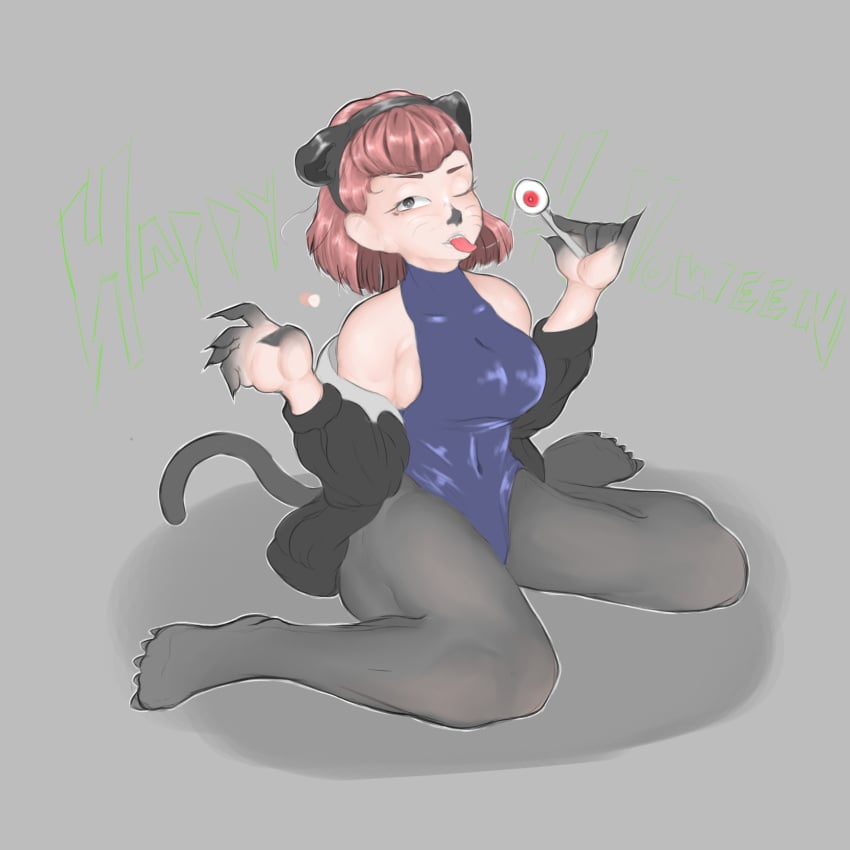 aged_up brown_hair catgirl female female_only katie_(scary_godmother) kneeling lollipop scary_godmother_(series) thejadedcynic wink