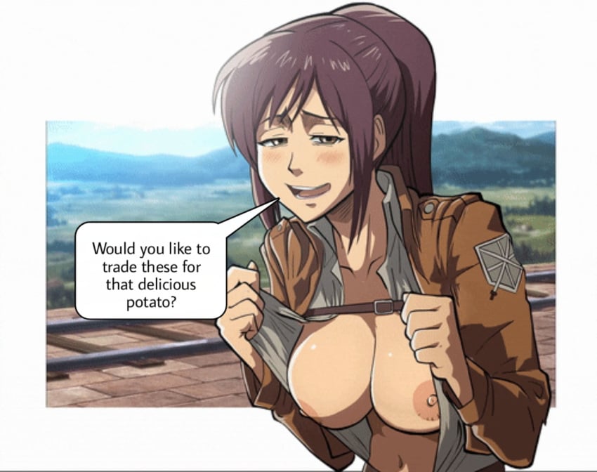 1girls attack_on_titan big_breasts blush breasts brown_hair brown_hair_female drpizzaboi1 female flashing flashing_breasts landscape looking_at_viewer nipples open_clothes open_shirt outdoors paradis_military_uniform ponytail prostitution sasha_braus talking_to_viewer train_tracks