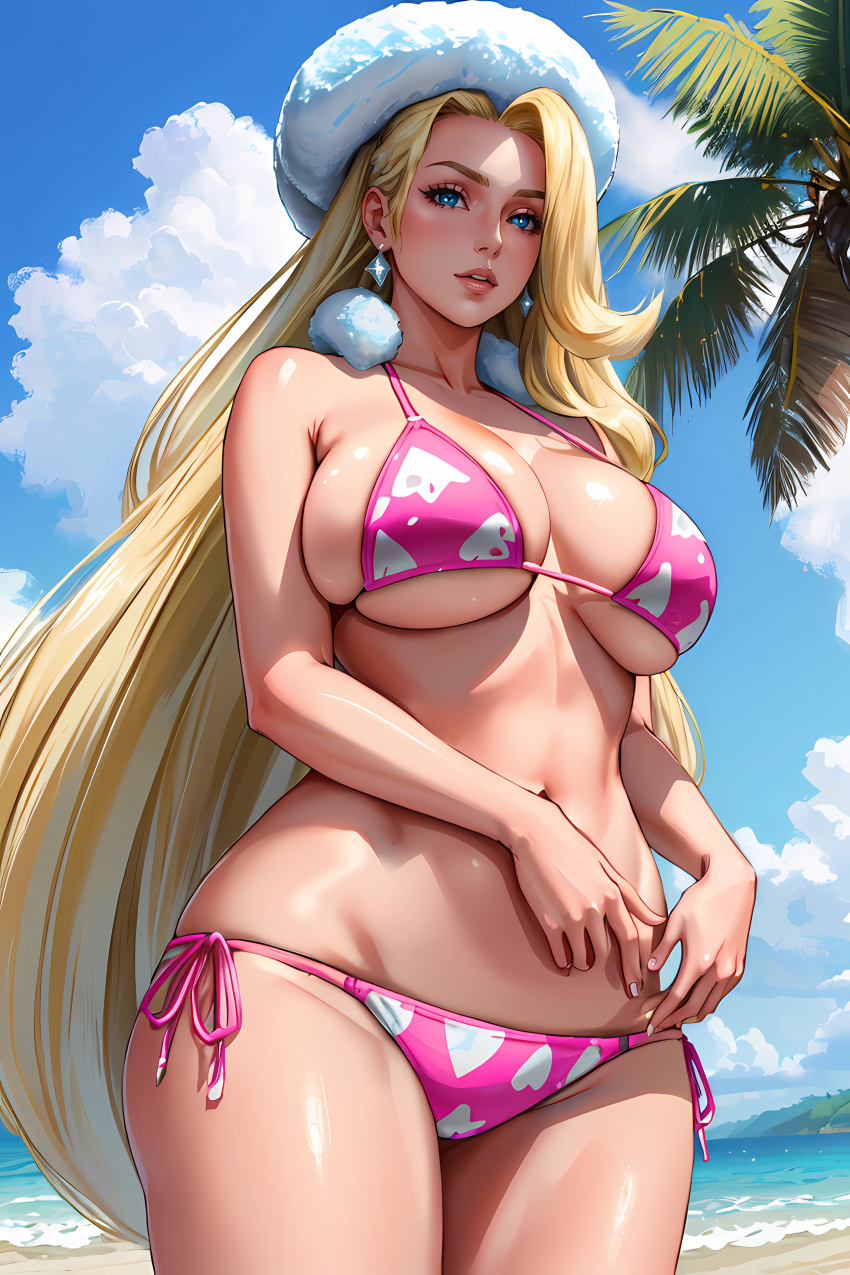 1girls ai_generated beach bikini bikini_bottom bikini_top blonde_female blonde_hair blonde_hair_female blue_eyes breast breasts cleavage curvaceous curvaceous_body curves curvy curvy_body curvy_female curvy_figure curvy_milf exposed_breast exposed_breasts exposed_midriff exposed_shoulders exposed_torso female female_only hat hourglass_figure inner_sideboob isaris-ai light-skinned_female light_skin melony_(pokemon) midriff milf mostly_nude mostly_nude_female partially_clothed partially_clothed_female pink_bikini pink_bikini_bottom pink_bikini_top pokemon shoulders side-tie_bikini_bottom sideboob skindentation solo solo_female torso underboob voluptuous voluptuous_female