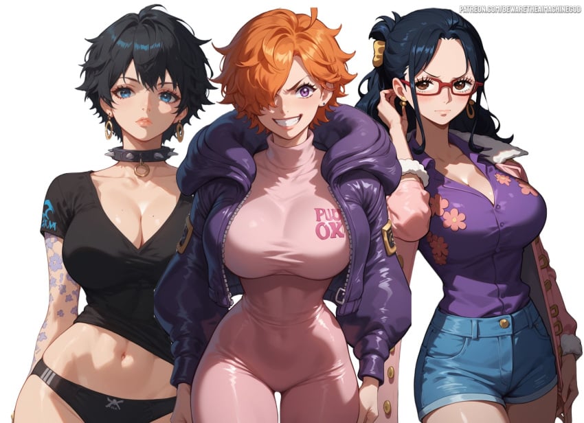 3girls ai_generated bewaretheaimachinegod big_breasts black_hair blue_eyes blush clothed clothing color doll_(one_piece) female female_focus female_only glasses hi_res jacket large_breasts light-skinned_female light_skin long_hair looking_at_viewer one_piece one_piece:_egghead_arc orange_hair panties purple_eyes short_hair shounen_jump solo_female tagme tashigi tattoos thick_thighs vegapunk_lilith