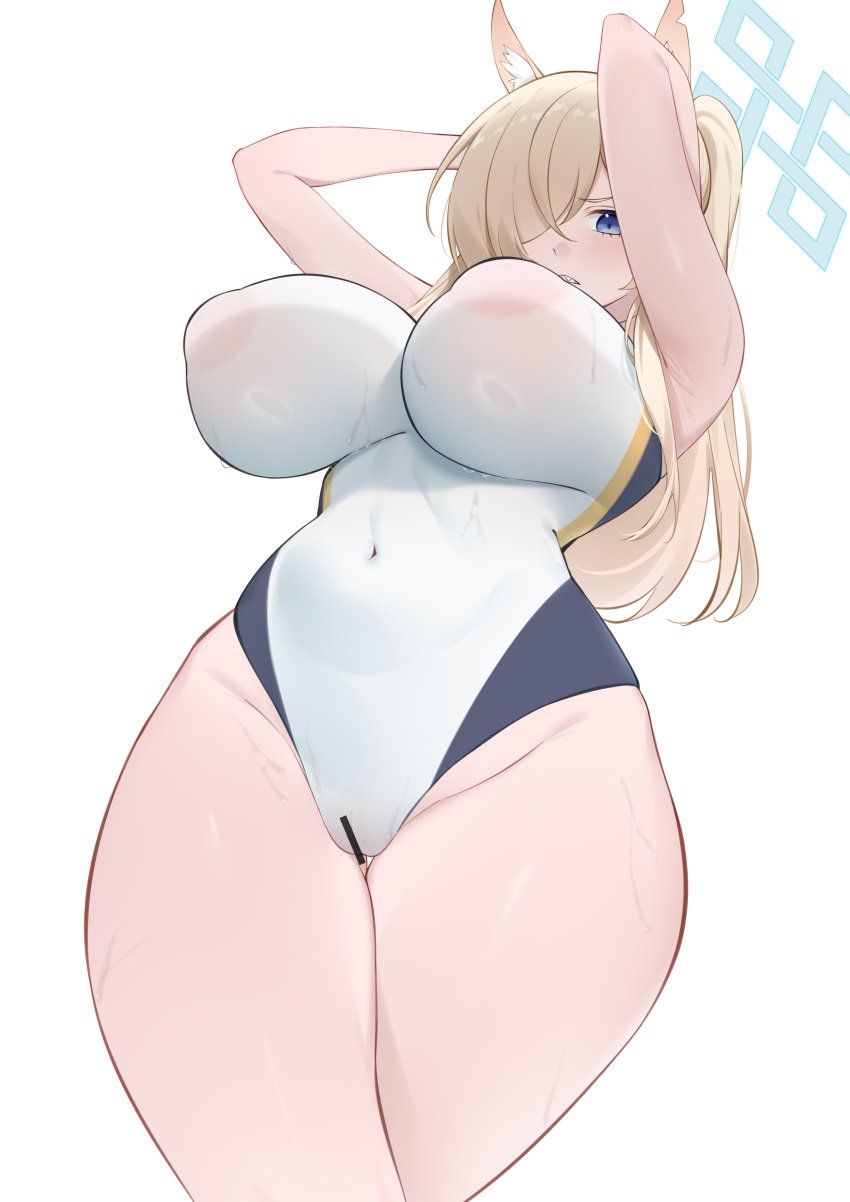 absurdres animal_ear_fluff animal_ears bad_anatomy bad_arm bar_censor bare_arms bare_legs bare_shoulders blonde_hair blue_archive blue_eyes blue_halo blush breasts censored clenched_teeth covered_navel cowboy_shot dog_ears dongye1551 female groin hair_over_one_eye halo highres kanna_(blue_archive) kanna_(swimsuit)_(blue_archive) large_breasts long_hair nipples_visible_through_clothing official_alternate_costume ponytail public_peace_bureau_(blue_archive) simple_background slender_waist solo teeth thighs valkyrie_police_school_student white_background