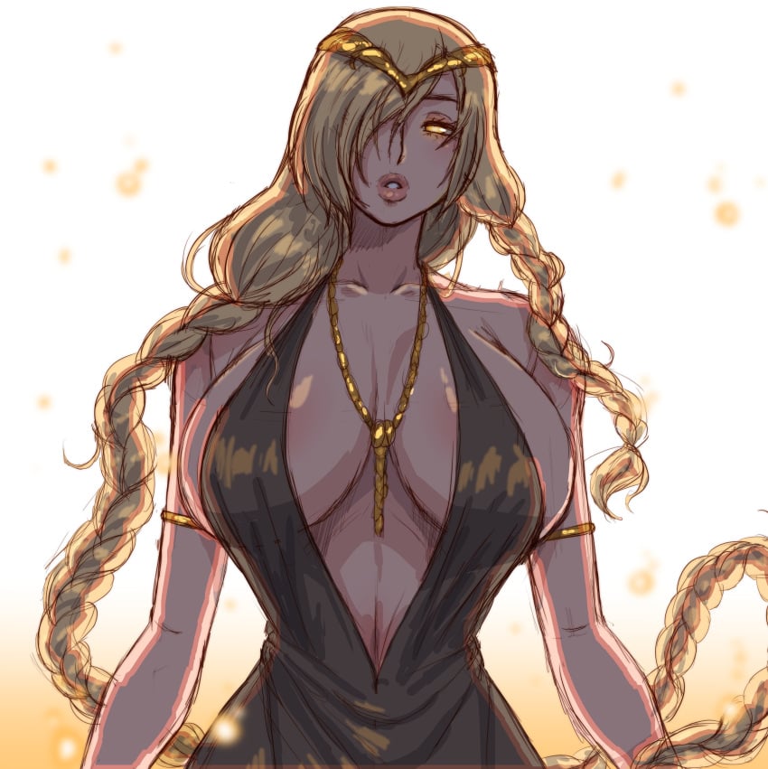 1girls alternate_hairstyle big_breasts blonde_female blonde_hair braid braided_hair braids busty clothed divine elden_ring female female_only fromsoftware god goddess gold_eyes golden_eyes golden_hair huge_breasts large_breasts light-skinned_female light_skin queen queen_marika_the_eternal revealing_clothes royal royalty simmsy