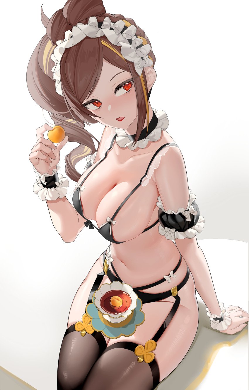 between_legs chiori_(genshin_impact) female_only garter_belt garter_straps genshin_impact large_breasts lipstick looking_back looking_to_the_side maid_bikini maid_uniform sitting tangerine_(fruit) teacup thick_thighs wide_hips