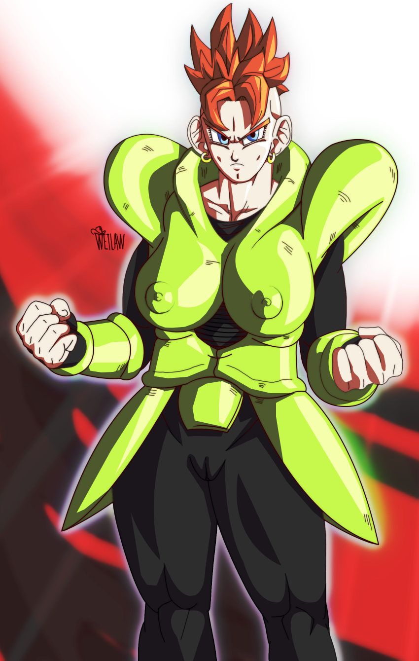 android android_16 areolae armor blue_eyes breasts cleft_chin dragon_ball dragon_ball_z earrings female female_only gauntlets green_suit hard_nipples large_breasts mohawk nipples pussy red_hair robot robot_girl rule_63 serious_look shoulder_armor spiky_hair wetlaw