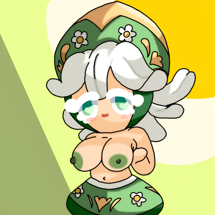 big_breasts chamomile_cookie cookie_run cookie_run_tower_of_adventure flower green_eyes green_nipples half-dressed hat heart-shaped_pupils solo white_hair