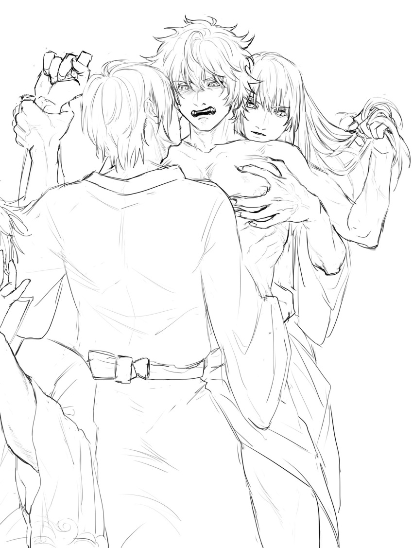 3boys angry embarrassed gay gintama gintoki_sakata groping groping_from_behind hair_grab katsura_kotarou kimono long_hair long_hair_male male male_only march_tai mmm_threesome monochrome pec_grab pec_grasp pecs restrained sketch takasugi_shinsuke threesome wrist_grab yaoi