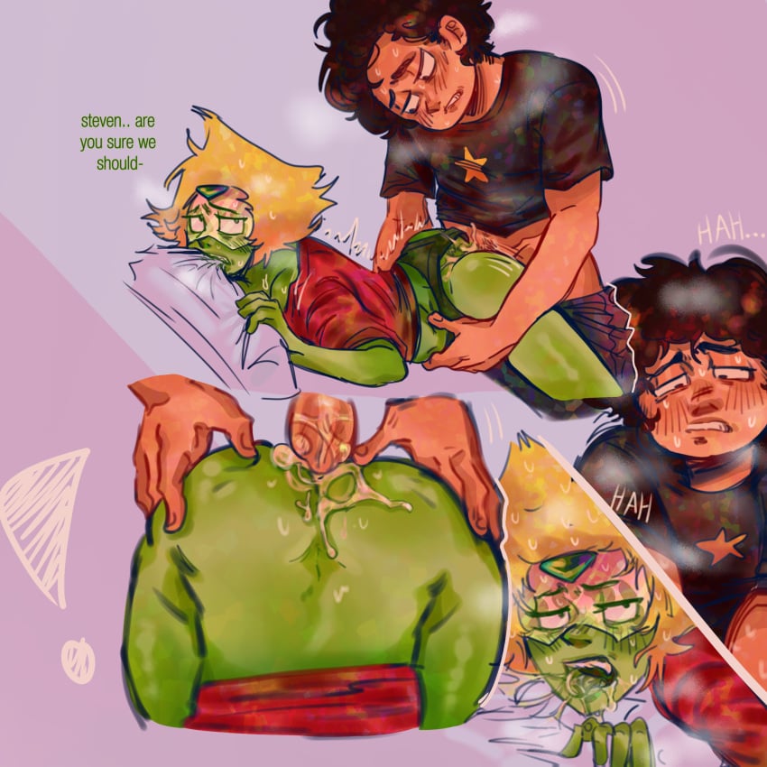 artist_request clothed_sex cum cum_in_ass cum_in_pussy cumshot gem gem_(species) gem_on_forehead gripping_sheets male mcspammy peridot_(steven_universe) steven_quartz_universe steven_universe steven_universe:_the_movie steven_universe_future sweat wearing_others_clothes