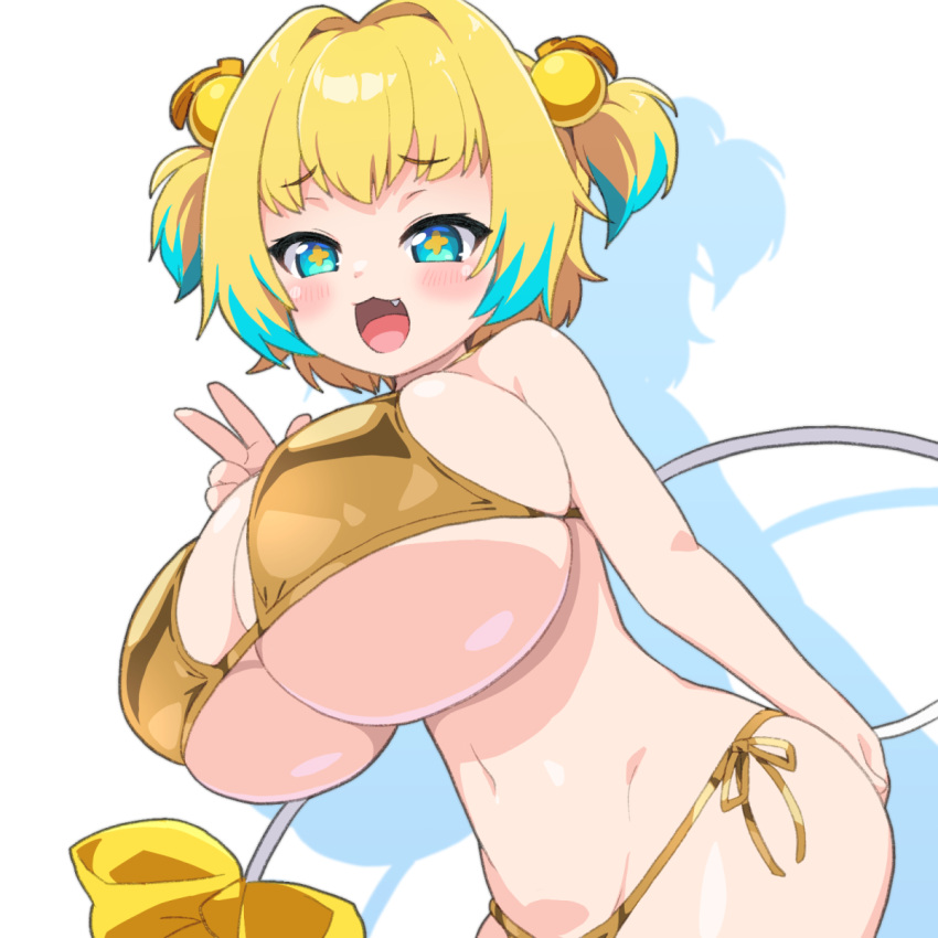 +_+ 1girls :3 big_breasts bikini blonde_hair blue_eyes blue_hair blush bombergirl breasts breasts_bigger_than_head cleavage fang female hair_ornament huge_breasts large_breasts looking_at_viewer multicolored_hair navel open_mouth pine_(bombergirl) shirogane_hakuba short_hair shortstack side-tie_bikini_bottom simple_background smile solo swimsuit two-tone_hair white_background yellow_bikini